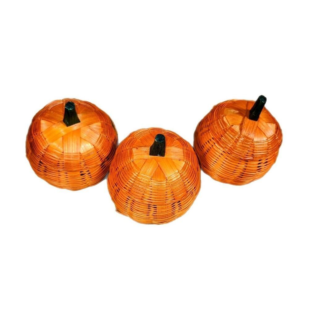 SET OF 3 MINI PUMPKIN WICKER BASKETS HALLOWEEN COTTAGECORE BOHO